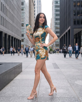 Deepfake of Ana de Armas walking down a city street in a qipao-style dress