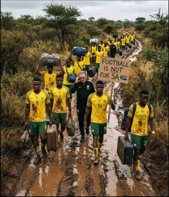 AI-generated image of footballers including  in South Africa kits on a muddy path