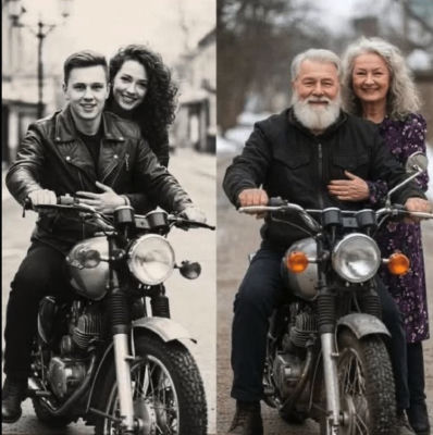AI-generated 'then and now' photos of a couple on a motorcycle
