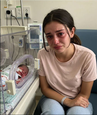 AI-generated image of an unidentified woman beside a newborn in a hospital incubator