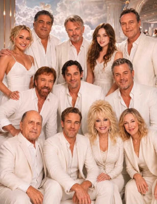 AI-generated group photo of Robert Duvall, Chuck Norris, Dolly Parton, and other celebrities in formal white attire