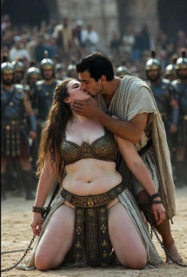 AI-generated Roman scene of a man kissing a chained woman before soldiers