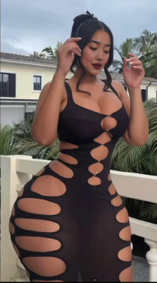 AI-generated image of an unidentified woman in a black cut-out dress