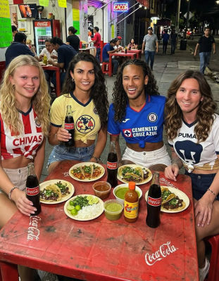 AI-generated image resembling Lionel Messi, Neymar, and Cristiano Ronaldo at a Mexican taco stand