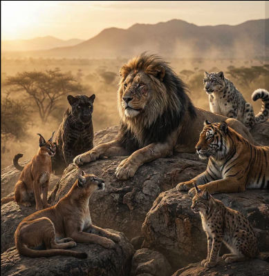 AI-generated image of a pride of lions, tigers, and leopards on rocky savanna
