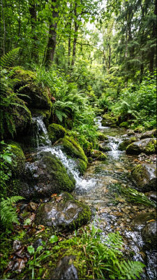 AI-generated image of a forest stream with moss-covered rocks and ferns