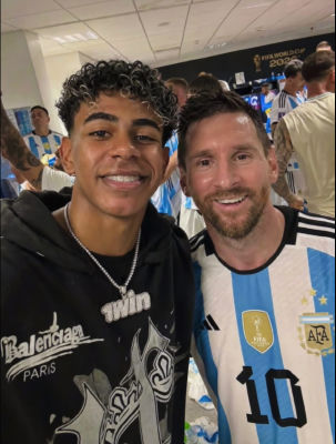 AI-generated image of a young fan and a soccer star in Argentina jersey at FIFA World Cup 2026