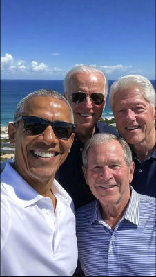 AI-generated image of Barack Obama, George W. Bush, Bill Clinton, and Joe Biden posing for a beach selfie