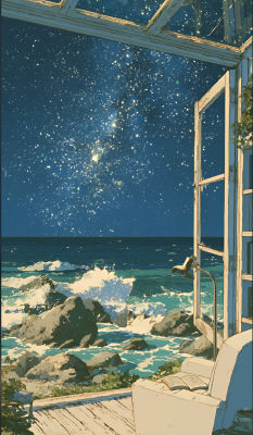 AI-generated starry ocean view from an open room