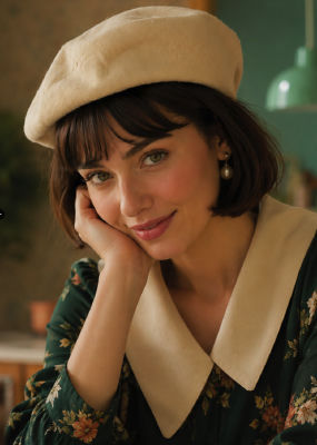 AI-generated portrait of a woman in a beret and floral dress