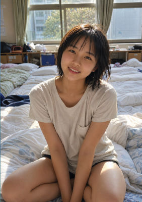 AI-generated image of an unidentified young woman on a bed