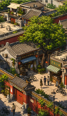 AI-generated illustration of a traditional Beijing hutong with noodle shops