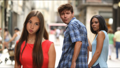 This image is an AI-generated re-imagining of the iconic "Distracted Boyfriend" internet meme.