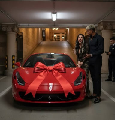 AI-generated image of Lamine Yamal beside a red Ferrari with a gift bow