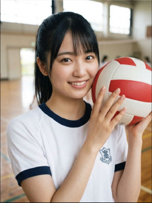 AI-generated image of a woman in a school gym with a volleyball
