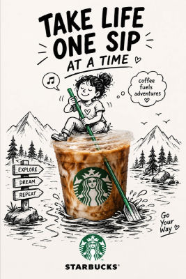 AI-generated Starbucks 'Take Life One Sip at a Time' promotional illustration