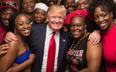 AI-generated image of Donald Trump posing with Dambisa Moyo and supporters