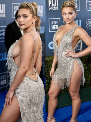 Deepfake of Florence Pugh in a silver fringe gown on a Critics Choice blue carpet