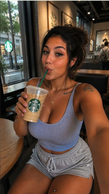 AI-generated image of a young woman drinking iced coffee at Starbucks