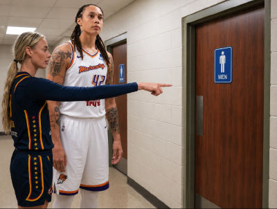 AI-generated image of Brittney Griner and a second WNBA player near a men's restroom