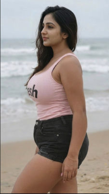 AI-generated image of a woman in a pink tank top on a beach