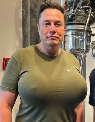 Deepfake of Elon Musk with exaggerated physique in tight t-shirt