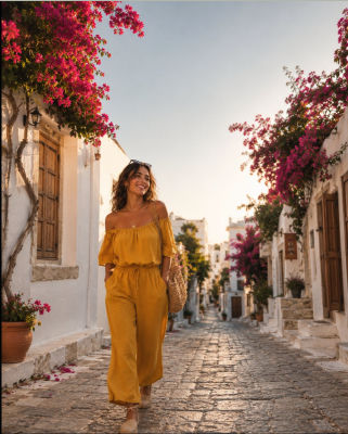 AI-generated image of a woman in a Mediterranean village street