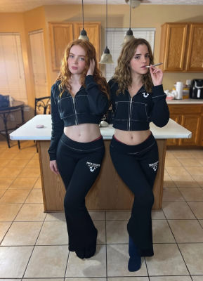 Deepfake of Sadie Sink and Emma Watson in True Religion tracksuits in a kitchen