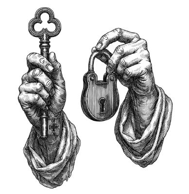 AI-generated engraving of hands holding a key and padlock