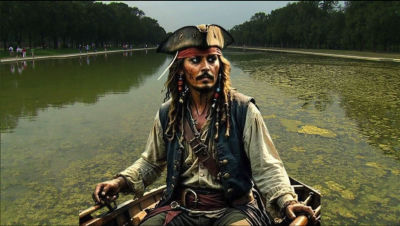AI-generated image of Johnny Depp as Jack Sparrow at the Lincoln Memorial reflecting pool