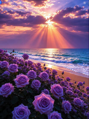 AI-generated image of purple roses on a beach at sunset
