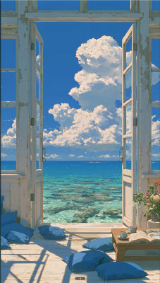 AI-generated anime-style illustration of an open window overlooking the ocean