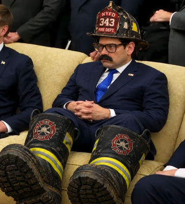 Reported AI-generated image of a man resembling Marc Rubio wearing an NYPD 343 fire helmet