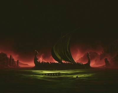 AI-generated Viking longship scene under a fiery red sky