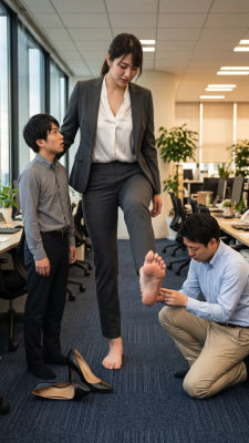 AI-generated image of a businesswoman with her foot examined by colleagues in an office