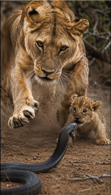 AI-generated image of a lioness and cub confronting a black snake