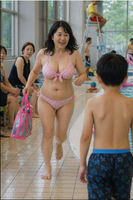 AI-generated image of a woman in a bikini walking at an indoor public pool