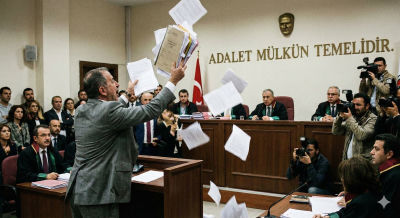 AI-generated image of Fatih Altaylı throwing papers in a Turkish courtroom