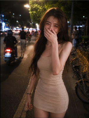 AI-generated image of a woman laughing on a city street at night