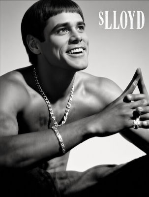 Deepfake of Jim Carrey styled as '$LLOYD' in shirtless black-and-white portrait