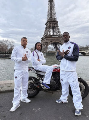 AI-generated image of Kylian Mbappé and Ousmane Dembélé posing in Paris