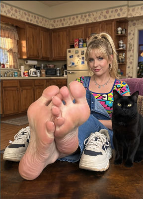 AI-generated image of Melissa Joan Hart seated in a kitchen with a black cat