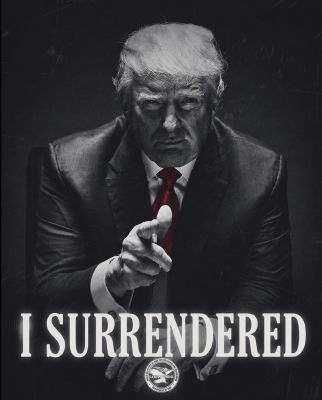 AI-generated image of Donald Trump with 'I SURRENDERED' text