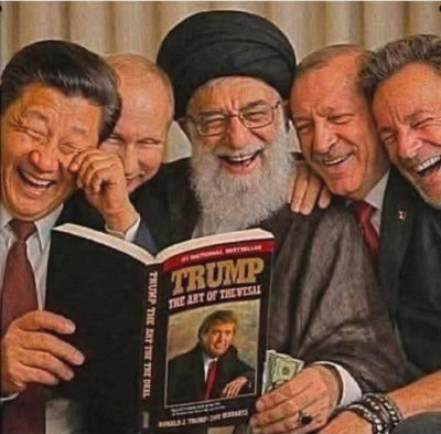 AI-generated image of Xi Jinping, Vladimir Putin, Ali Khamenei, Erdoğan, and Bruce Springsteen reading 'The Art of the Deal'