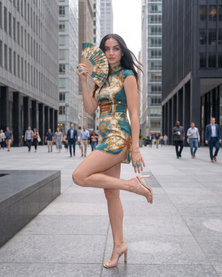 Deepfake of Ana de Armas posing with a folding fan on a city street