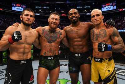 AI-generated image of Khabib Nurmagomedov, Conor McGregor, and Jon Jones posing with another fighter in the UFC octagon