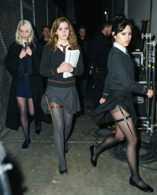 AI-generated image of Emma Watson, Jenna Ortega, and Anya Taylor-Joy in school uniforms