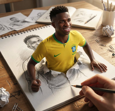 AI-generated image of Vinícius Júnior in Brazil jersey emerging from a sketchbook