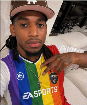 AI-generated selfie of B Lou in an EA Sports FIFA rainbow jersey