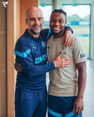 AI-generated image of Antonio Semenyo and Pep Guardiola posing at Manchester City
